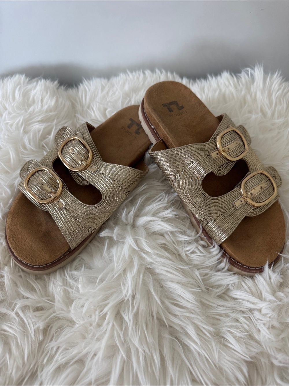 Metallic Gold Double-Buckle Slide Sandals